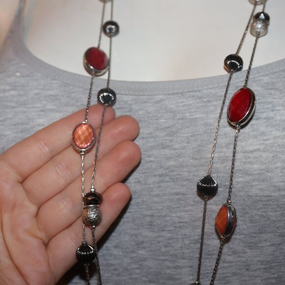 Beautiful silver and red double layered statement necklace by New York & Co. 36" - Picture 3 of 5